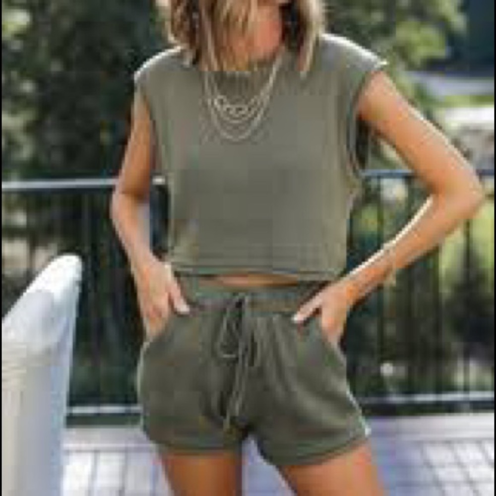 Knit olive color shorts and top tank set